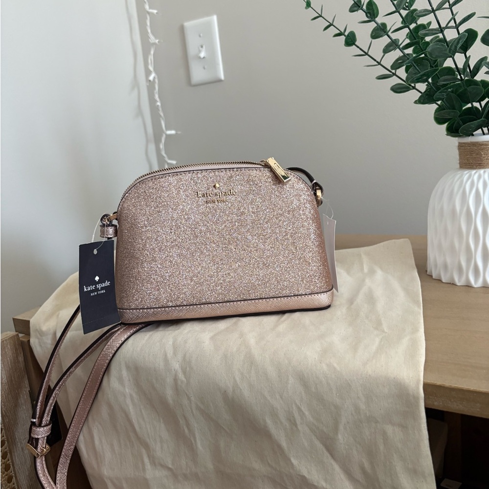 Kate Spade Tinsel Small Dome Crossbody Shoulder Purse Glitter Rose Gold